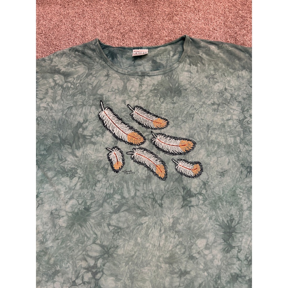 Cactus Bay T Shirt Womens Large Green Excellent Feather Tie Dye Embroidered 2002
